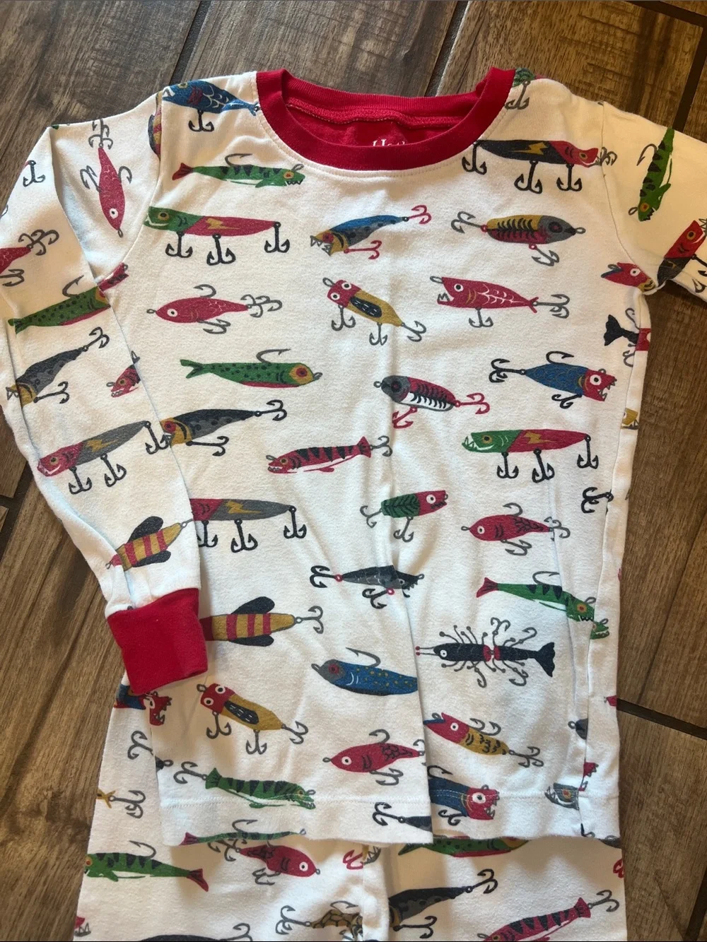 Hatley Kids White Pajama Set with Red Trim and Multicolor Fish Lure Print